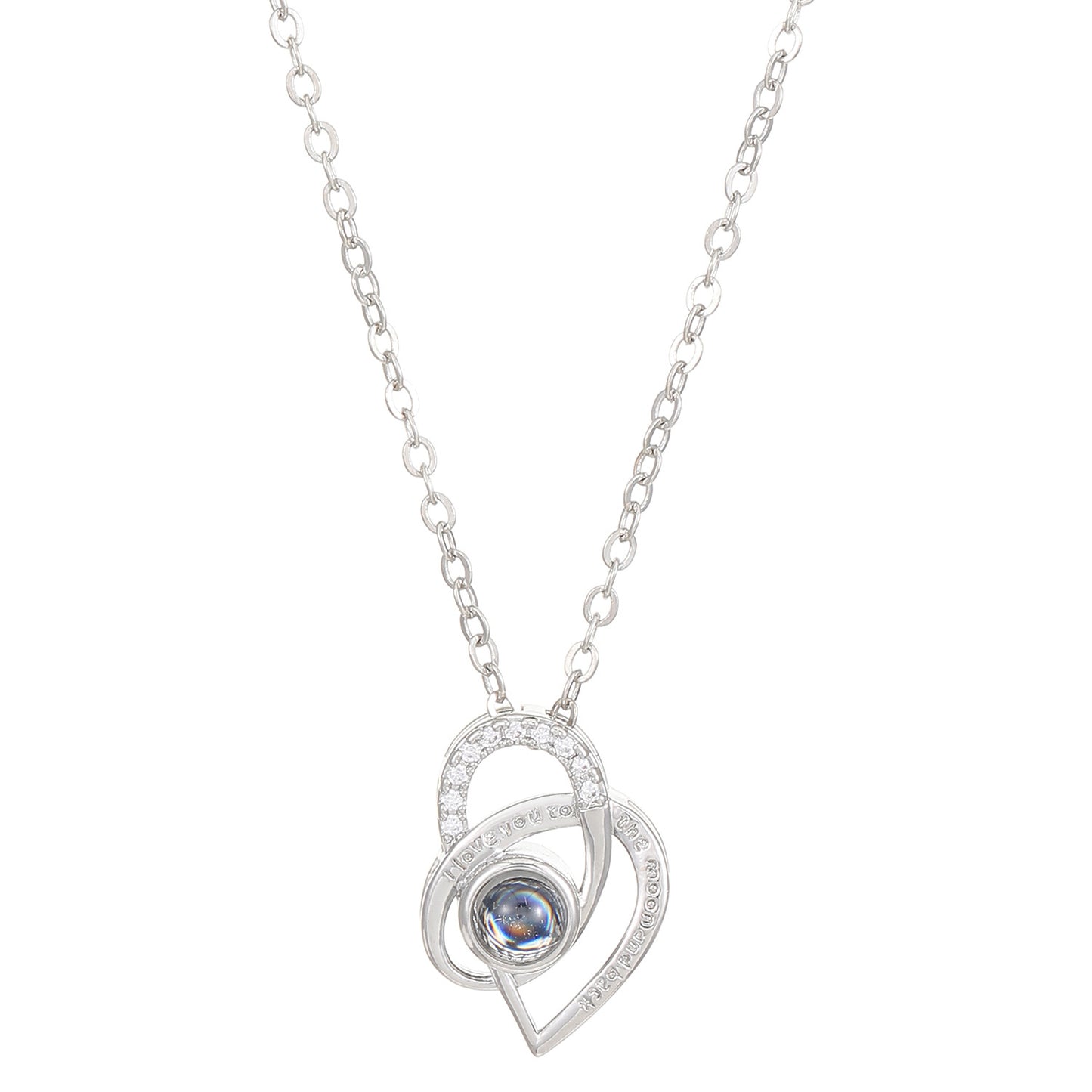 Diamond studded heart-shaped projection necklace in 100 languages. I love you, heart-shaped pendant, couple necklace